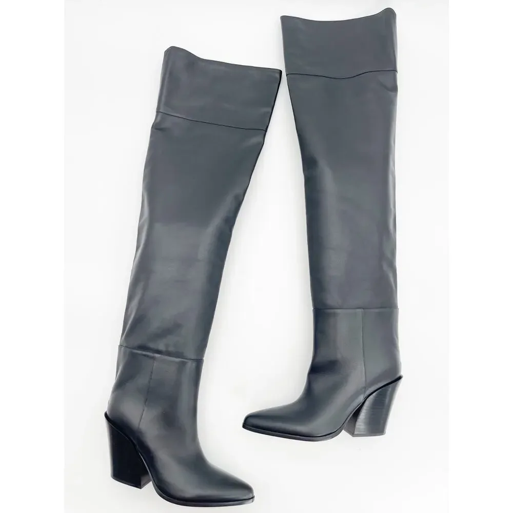 Jimmy Choo Cece 80 Black Pointed Toe Western OTK Block Heeled Boots IT 38.5